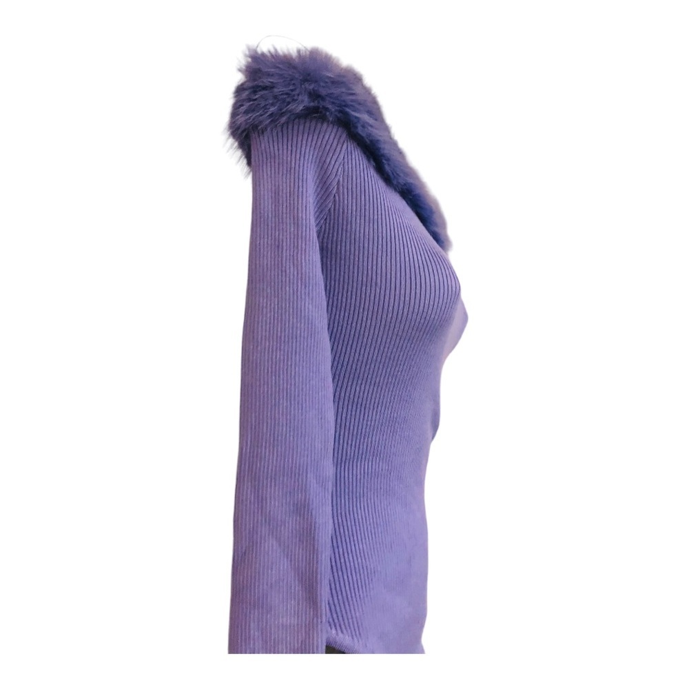 Purple faux‎ fur trim off the shoulder ribbed sweater knit bodysuit size large - Picture 15 of 17